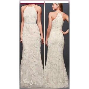 David's Bridal Sequin Leaf-Appliqued High Neck Sheath Gown Wedding Dress Size 6